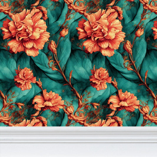 Vintage Orange on Green Flowers Repeat Pattern Wallpaper