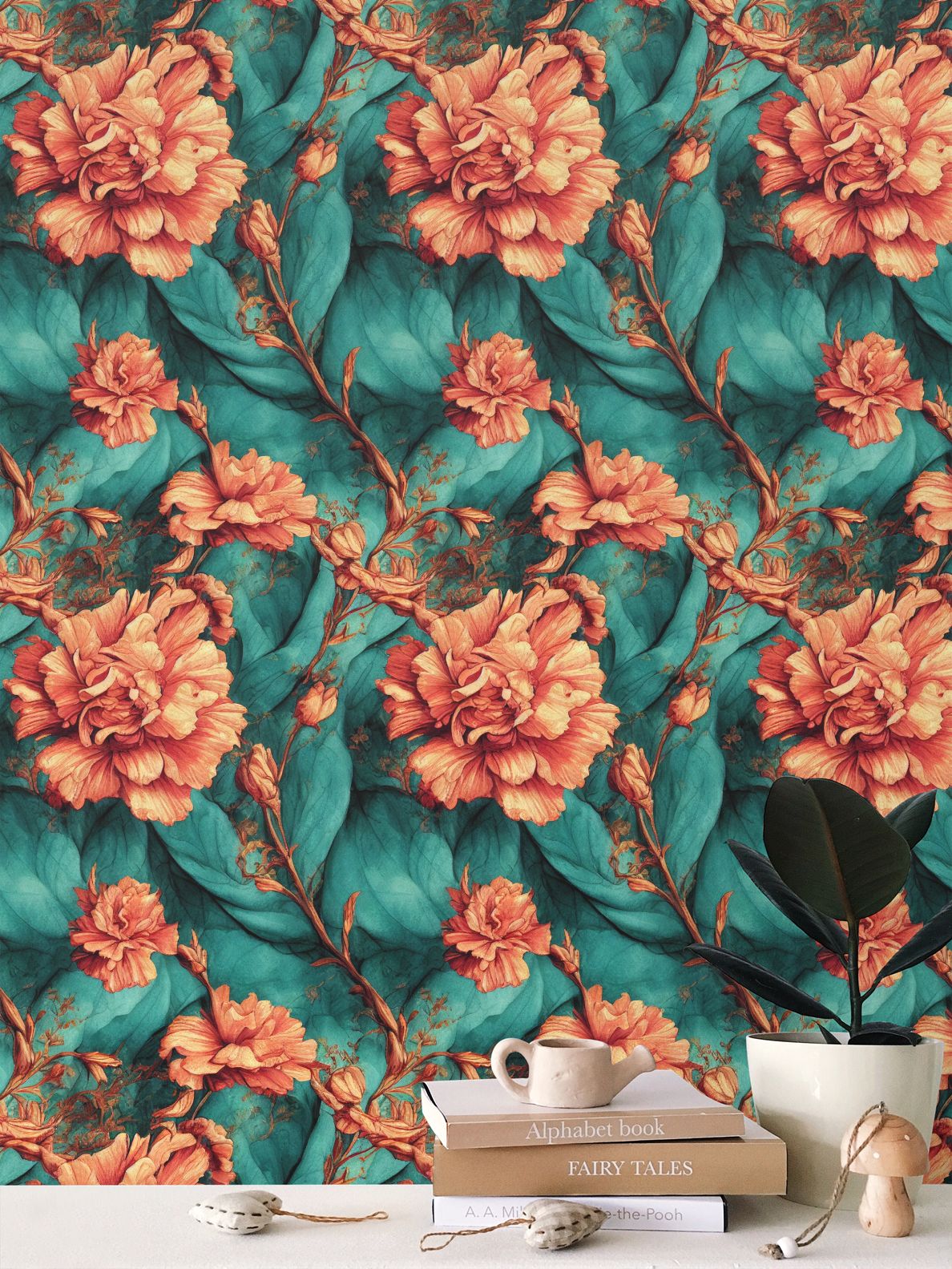 Vintage Orange on Green Flowers Repeat Pattern Wallpaper