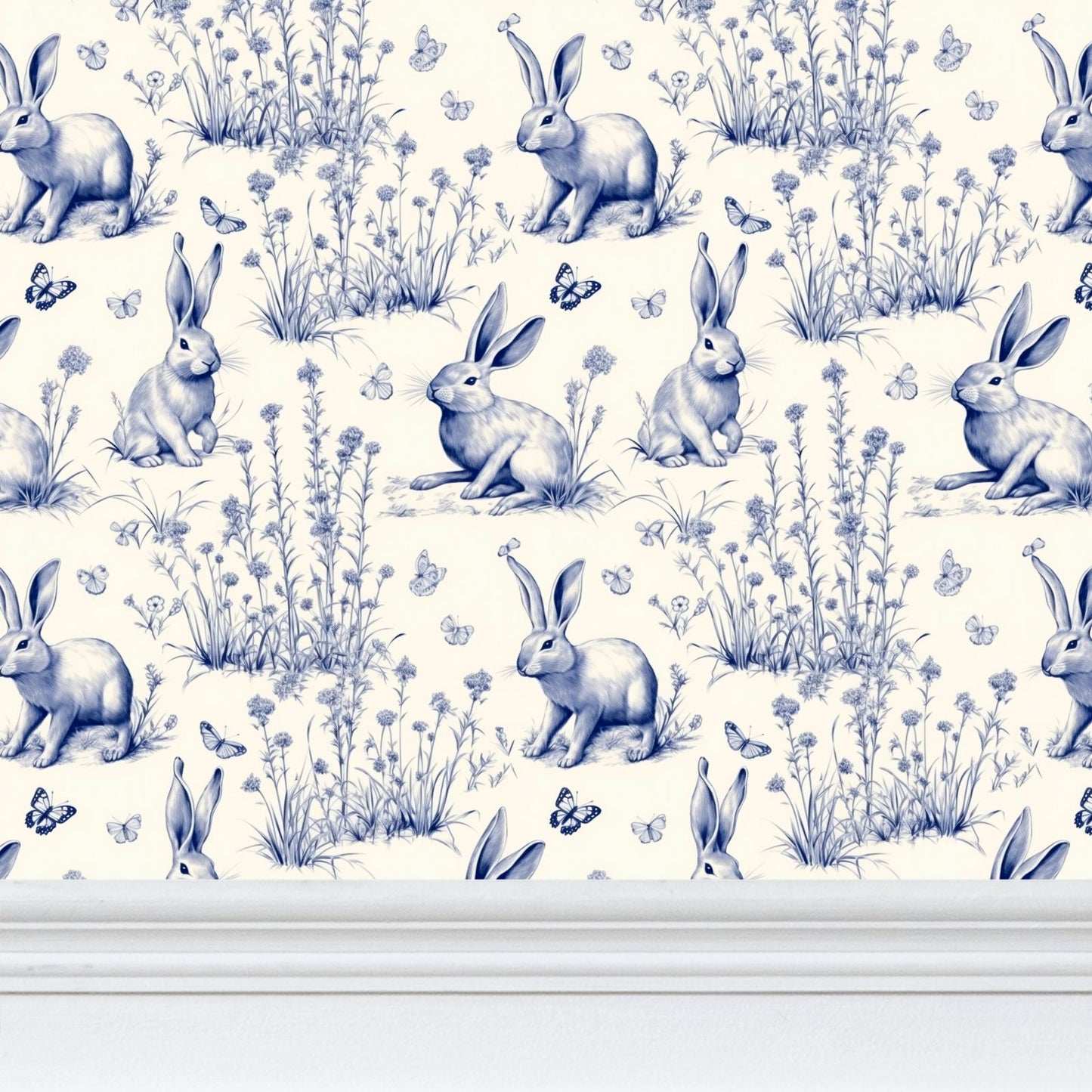 Blue and Cream Rabbit Toile Repeat Pattern Wallpaper