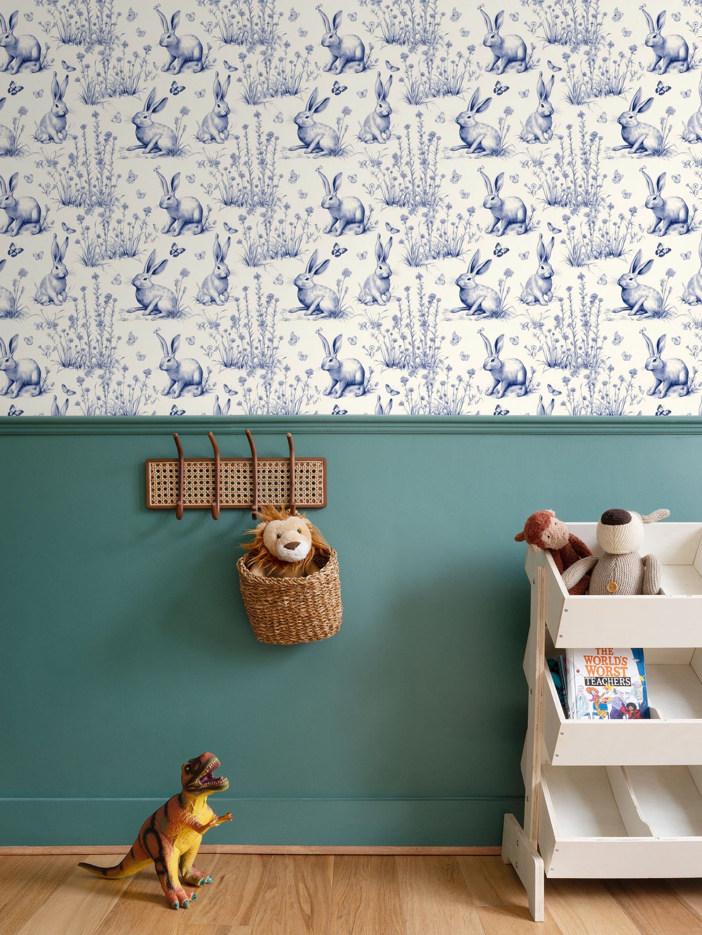 Blue and Cream Rabbit Toile Repeat Pattern Wallpaper