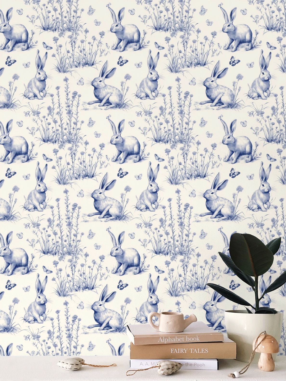 Blue and Cream Rabbit Toile Repeat Pattern Wallpaper