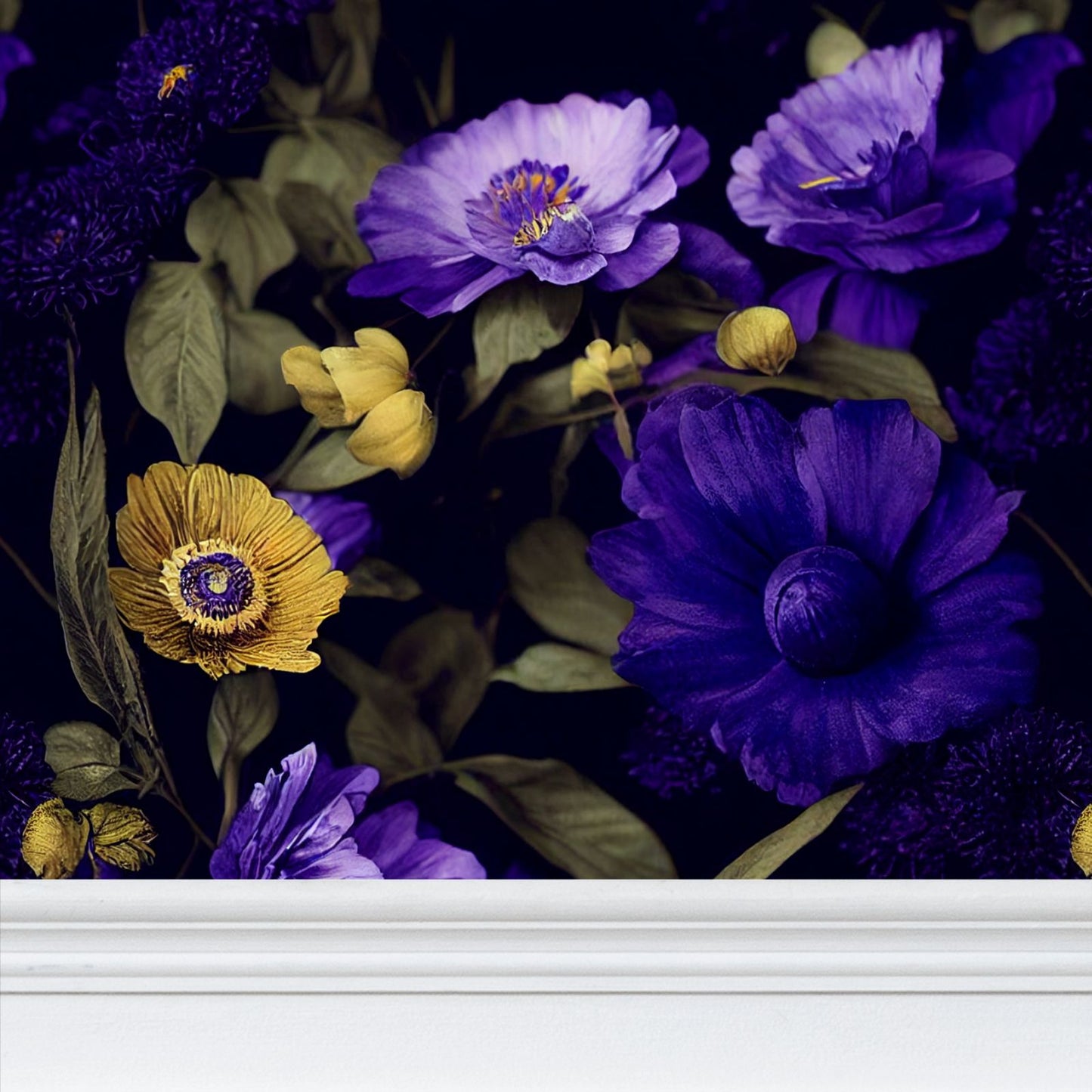 Night Garden Purple and Gold Blooms Repeat Pattern Wallpaper