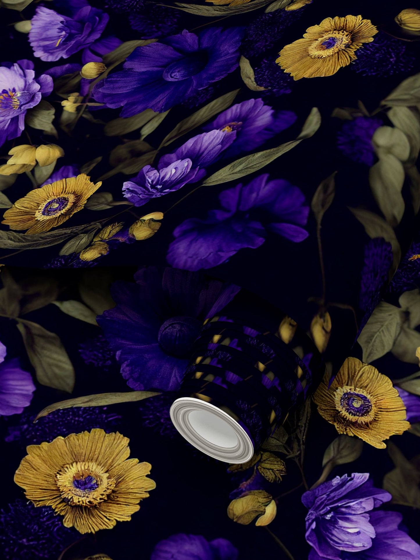 Night Garden Purple and Gold Blooms Repeat Pattern Wallpaper