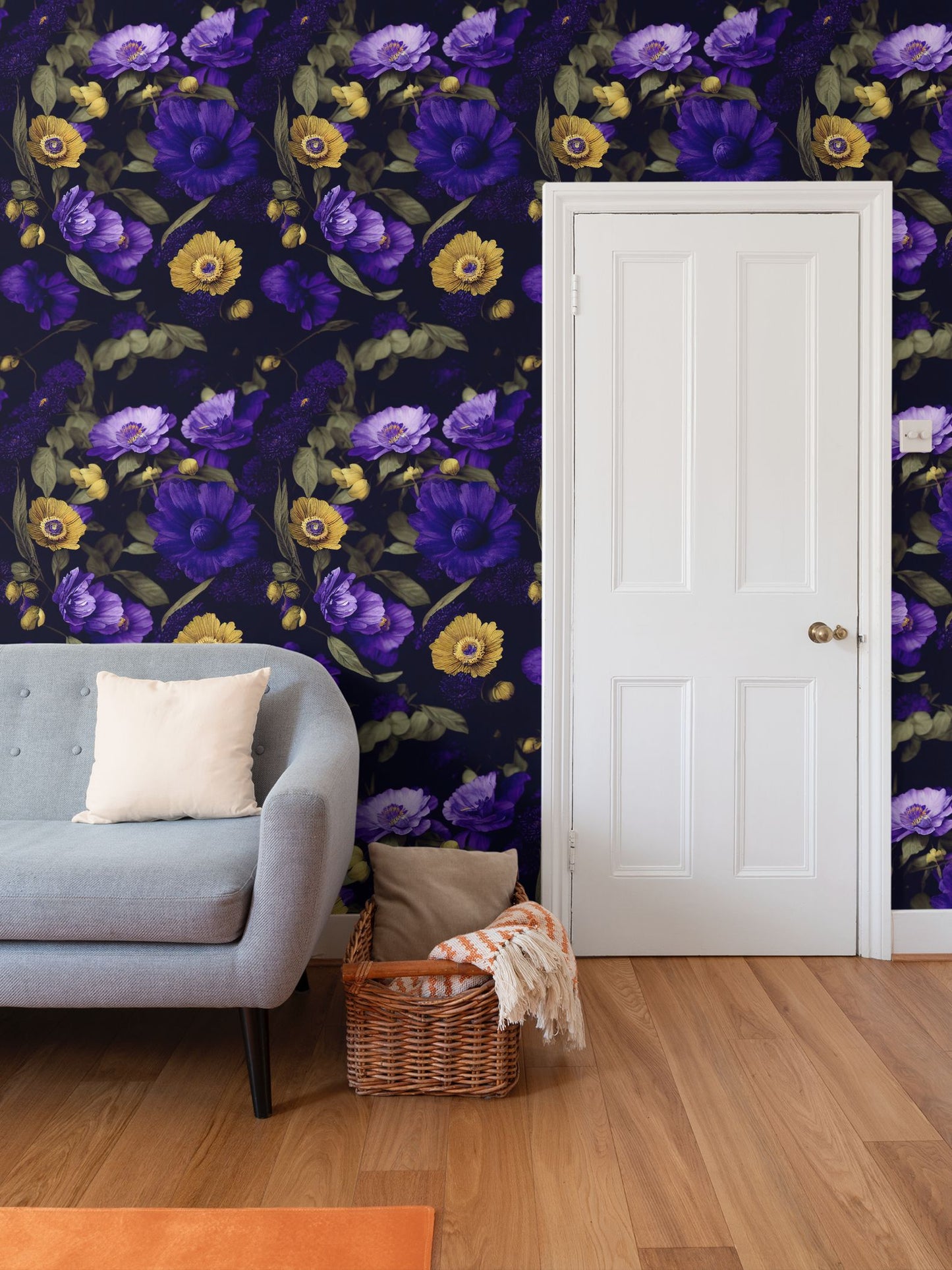 Night Garden Purple and Gold Blooms Repeat Pattern Wallpaper