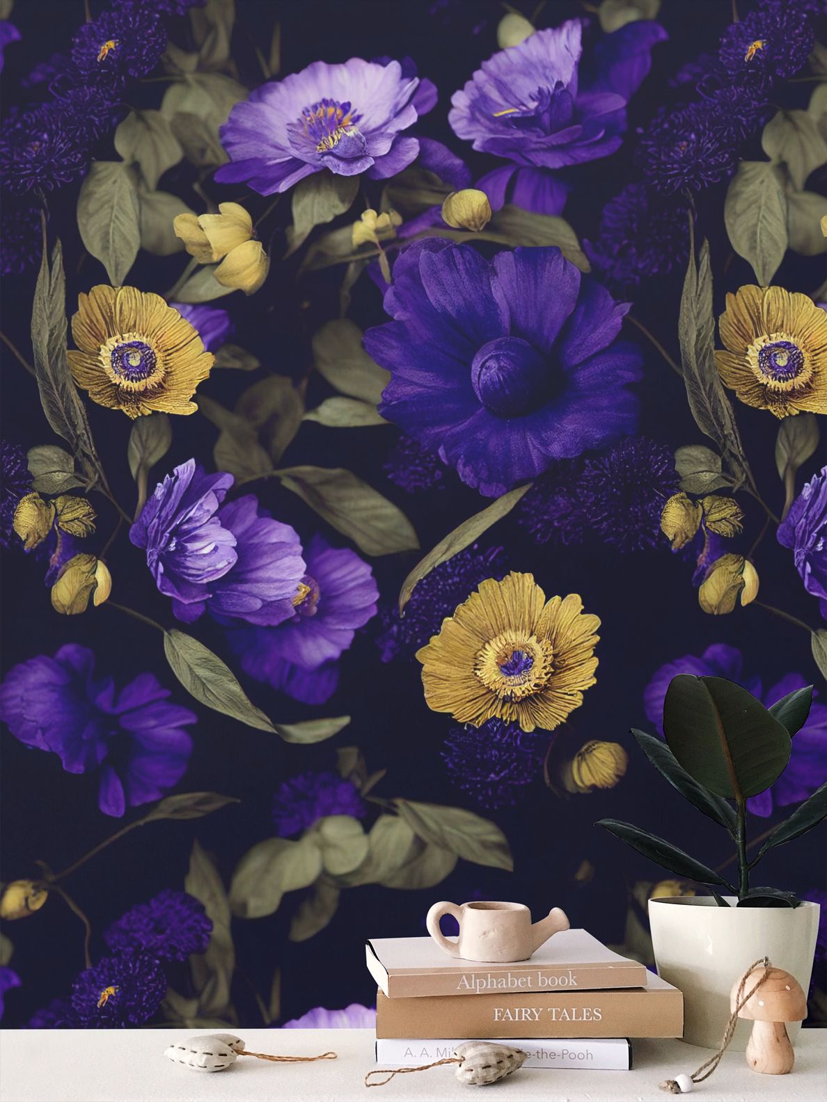 Night Garden Purple and Gold Blooms Repeat Pattern Wallpaper