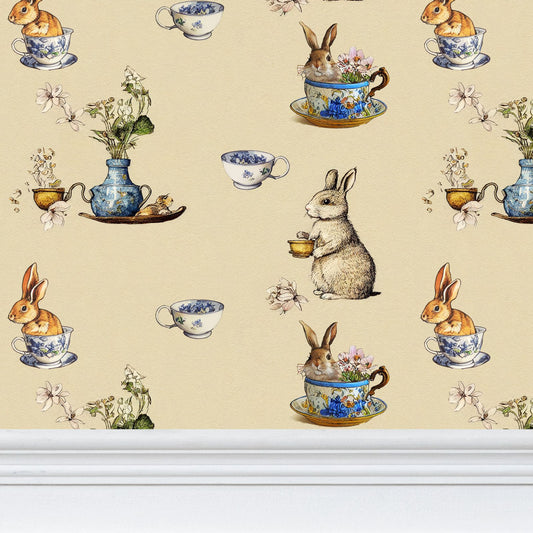 Bunnies and Teacups Repeat Pattern Wallpaper