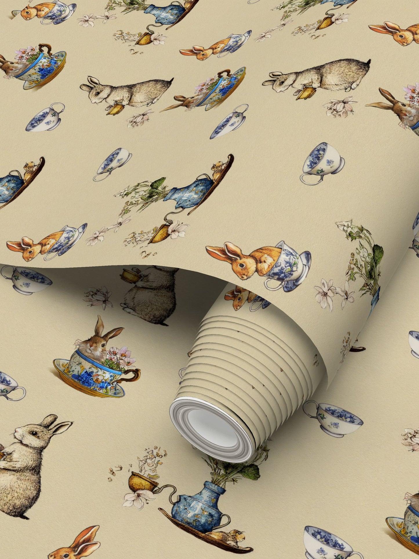 Bunnies and Teacups Repeat Pattern Wallpaper