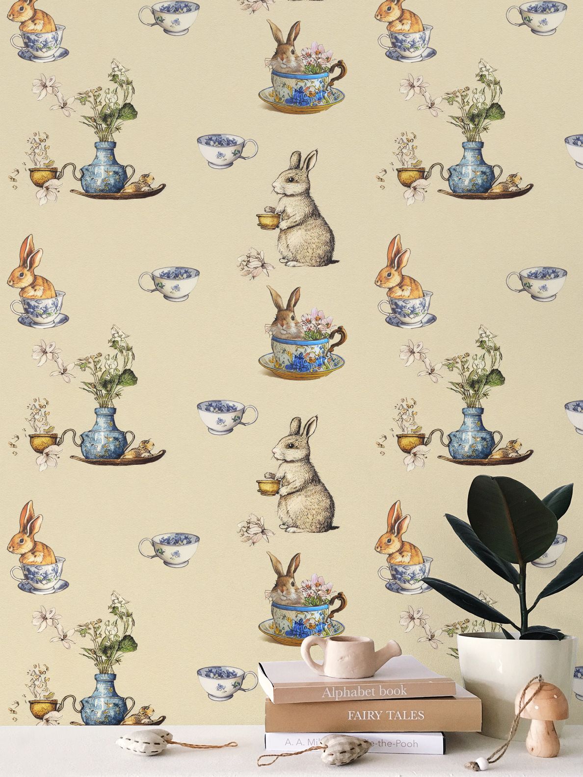 Bunnies and Teacups Repeat Pattern Wallpaper