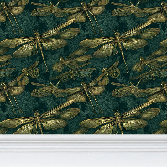 Emerald Dragonfly Damask Repeat Pattern Wallpaper