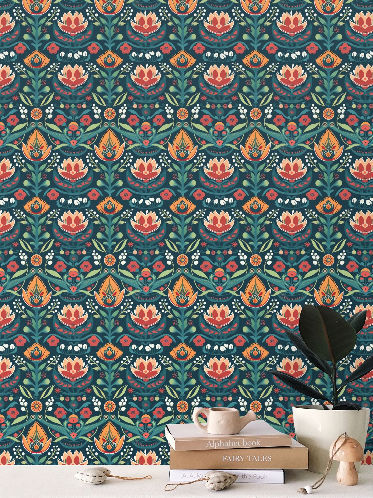 Folk Art Tapestry Repeat Pattern Wallpaper