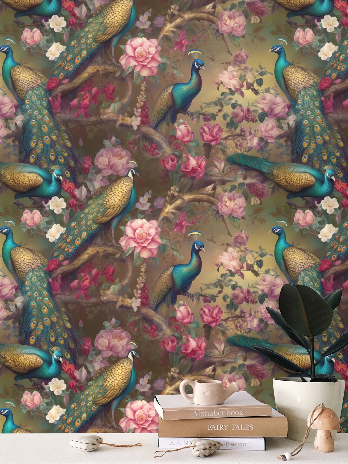 Gilded Peacock Romance Repeat Pattern Wallpaper