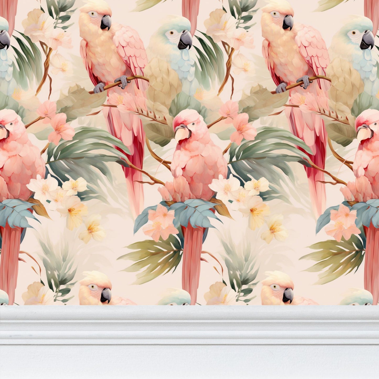 Pink Parrots Repeat Pattern Wallpaper