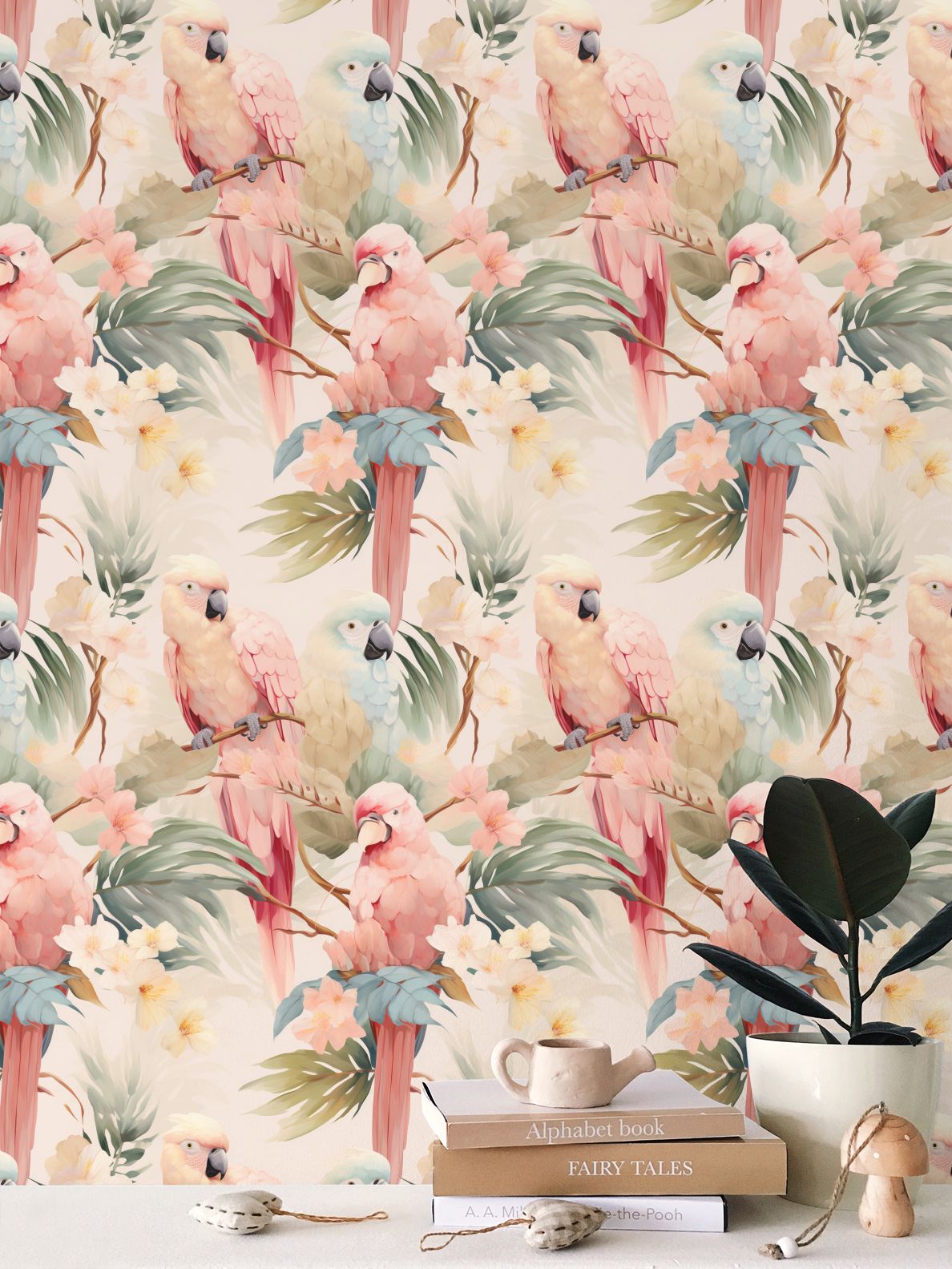 Pink Parrots Repeat Pattern Wallpaper