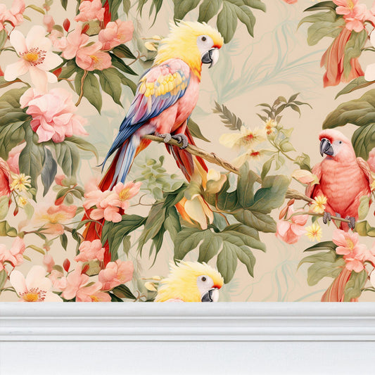 Peach Parrots Repeat Pattern Wallpaper