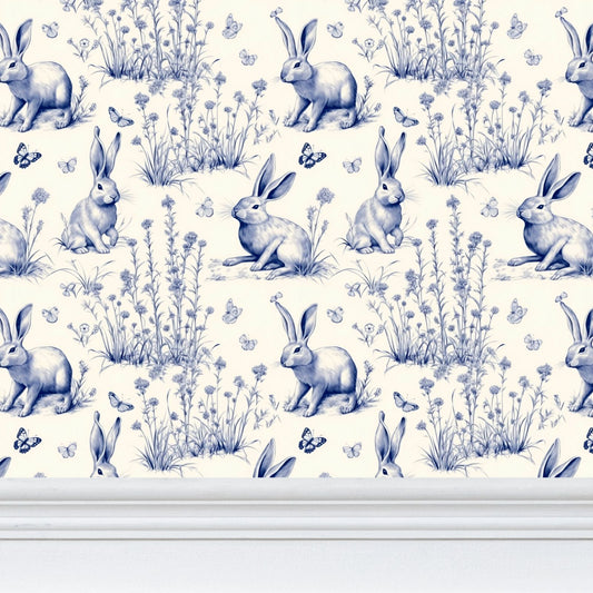 Blue and Cream Rabbit Toile Repeat Pattern Wallpaper