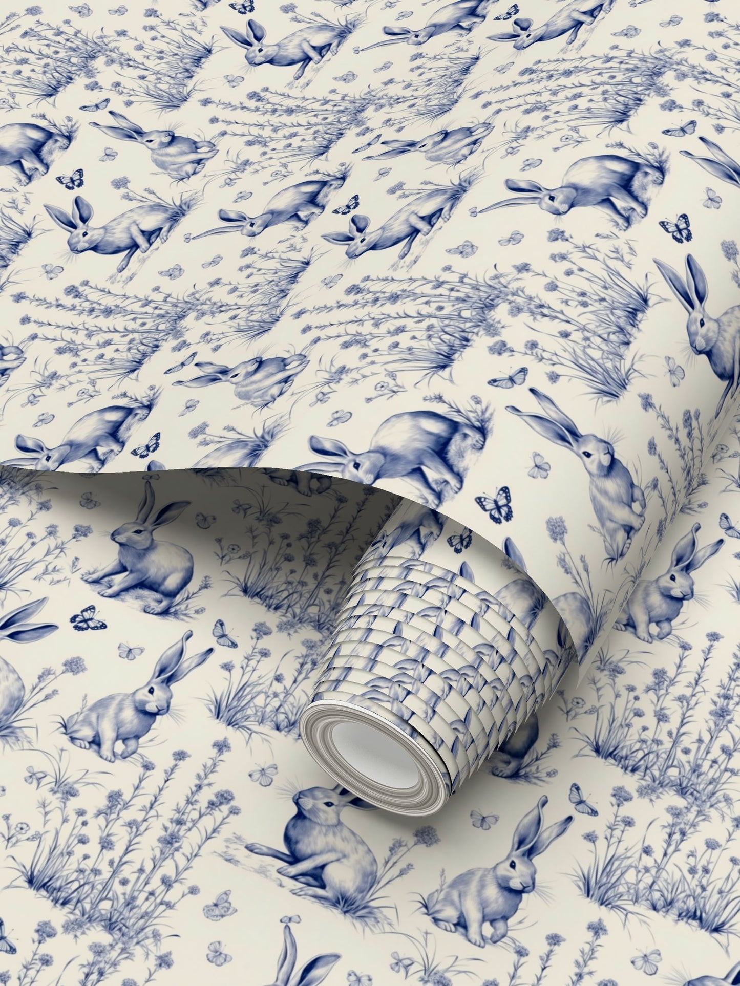 Blue and Cream Rabbit Toile Repeat Pattern Wallpaper