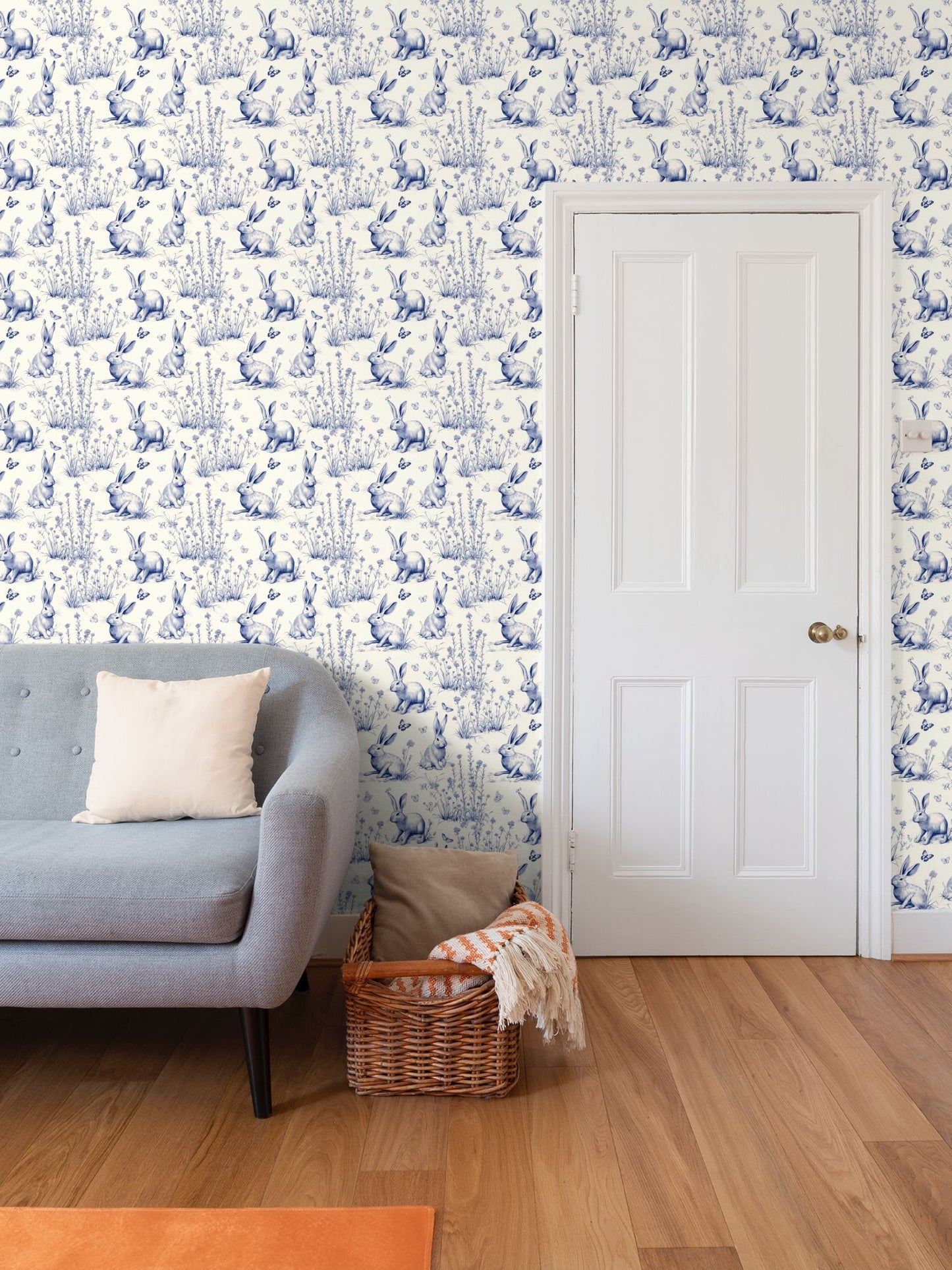 Blue and Cream Rabbit Toile Repeat Pattern Wallpaper