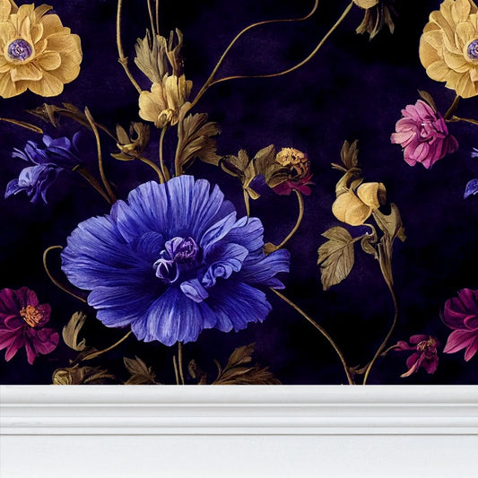 Night Garden Anemone Blooms Repeat Pattern Wallpaper
