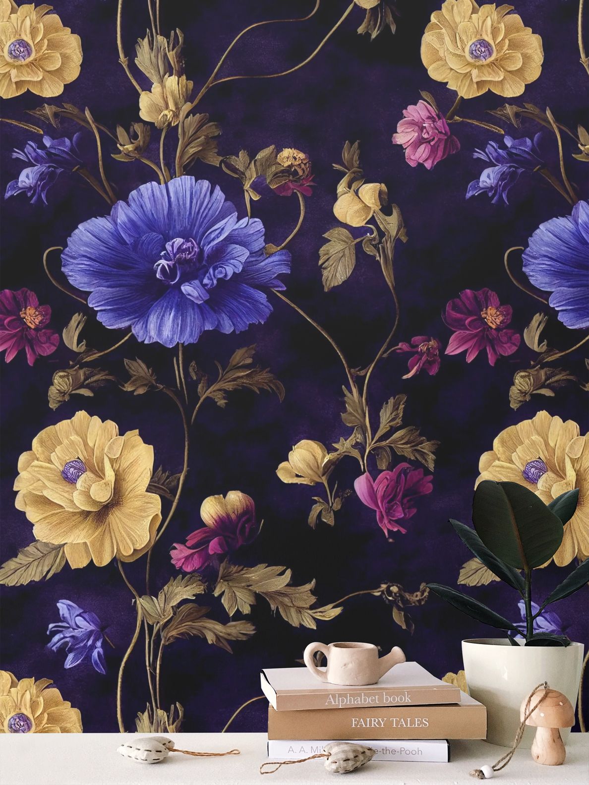 Night Garden Anemone Blooms Repeat Pattern Wallpaper