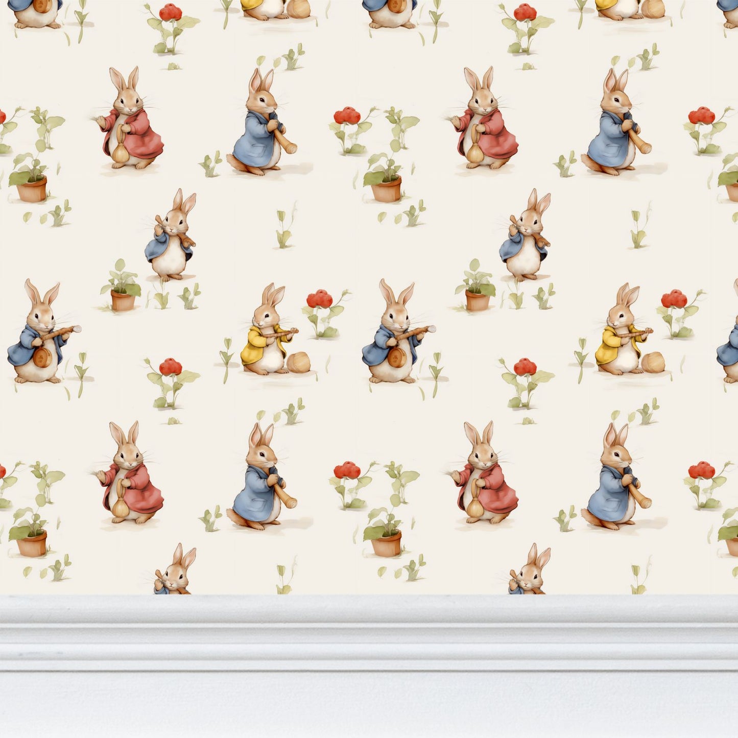 Bunny Meadow Delight Repeat Pattern Wallpaper