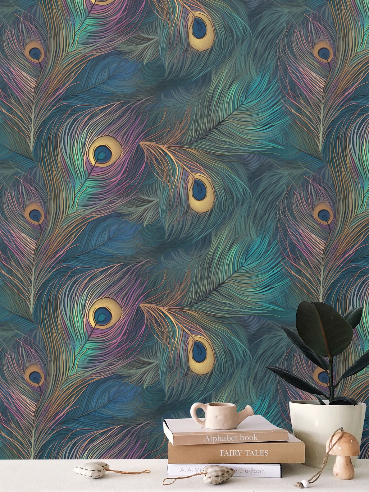 Majestic Peacock Feather Repeat Pattern Wallpaper