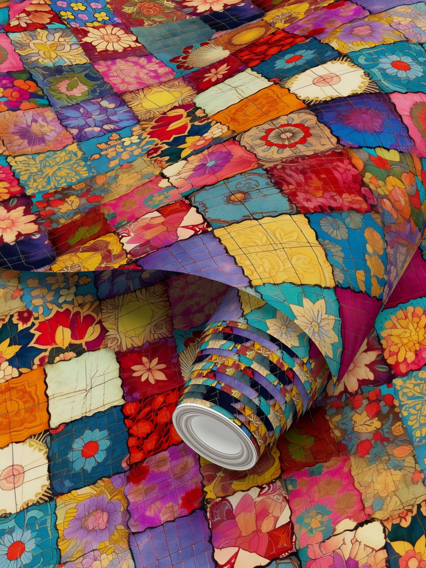 Boho Patchwork Print Repeat Pattern Wallpaper