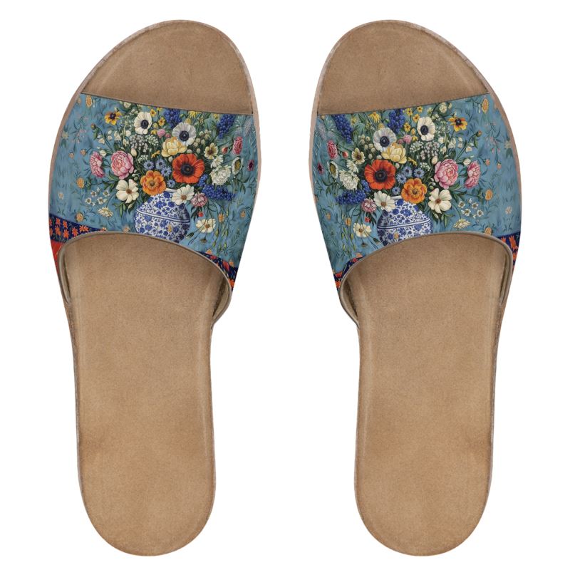 Serene Garden Womens Leather Sliders