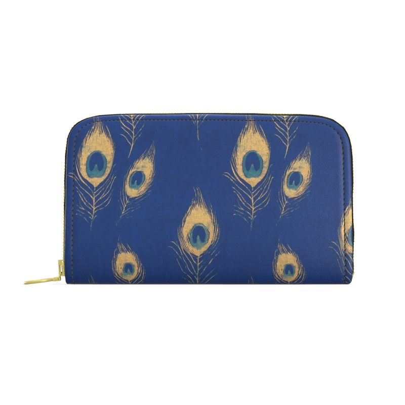 Electric Blue Peacock Feather Leather Zip Purse