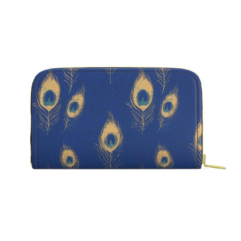 Electric Blue Peacock Feather Leather Zip Purse