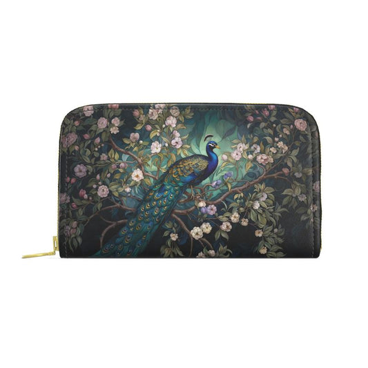 Serene Peacock Blossoms Leather Zip Purse