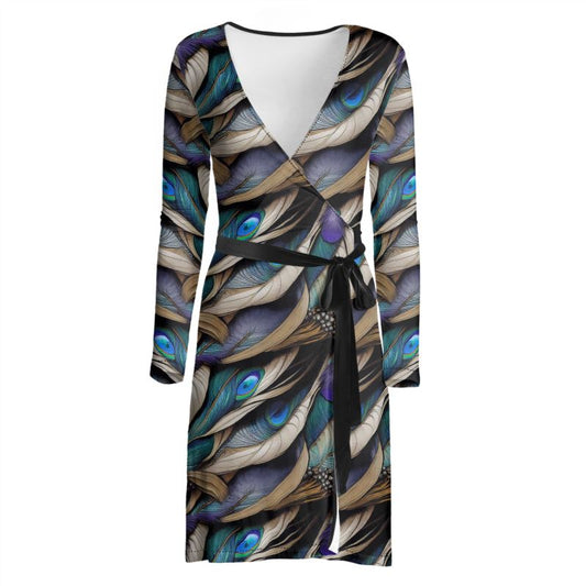 Peacock Feathers Wrap Dress