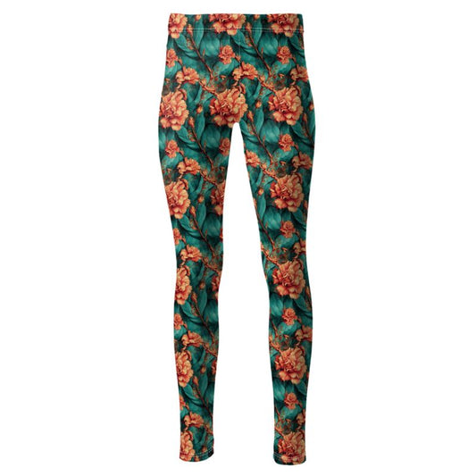 Vintage Orange on Green Flowers High Waisted Leggings