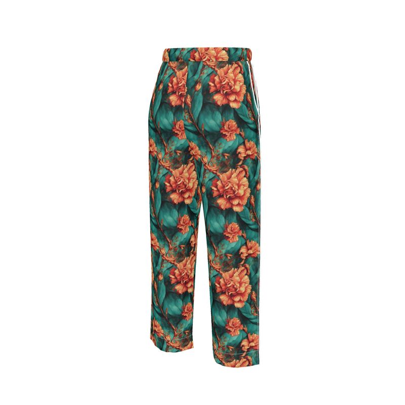 Vintage Orange on Green Flowers Womens Luxury Pyjama Trousers