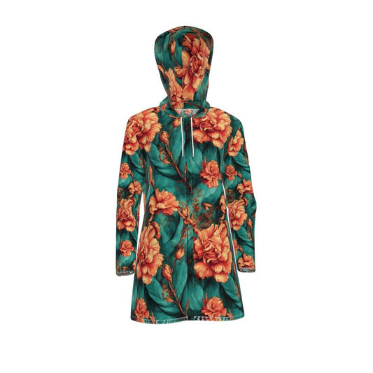 Vintage Orange on Green Flowers Womens Hooded Rain Mac