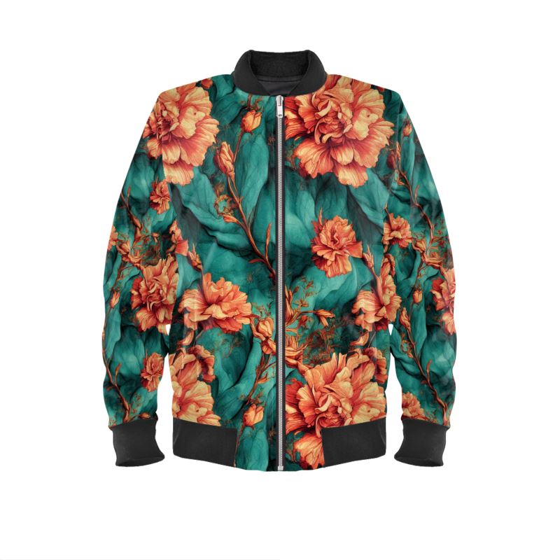 Vintage Orange on Green Flowers Ladies Bomber Jacket