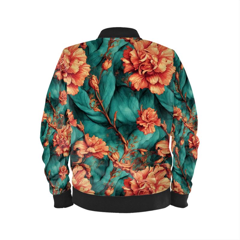 Vintage Orange on Green Flowers Ladies Bomber Jacket