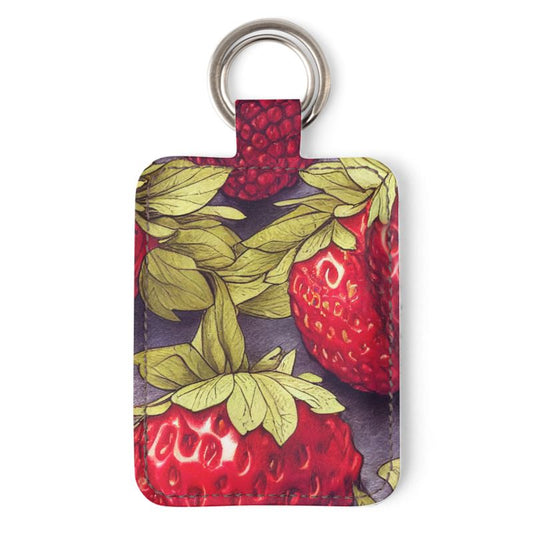 Strawberries on Indigo Leather Keyring