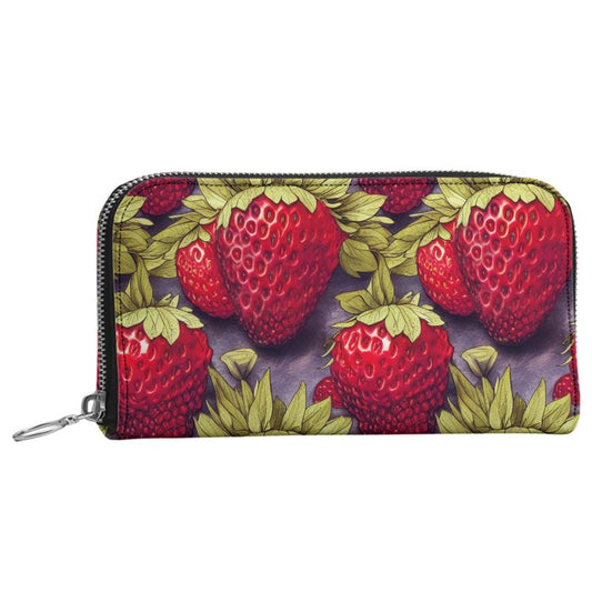 Strawberries on Indigo Leather Zip Purse