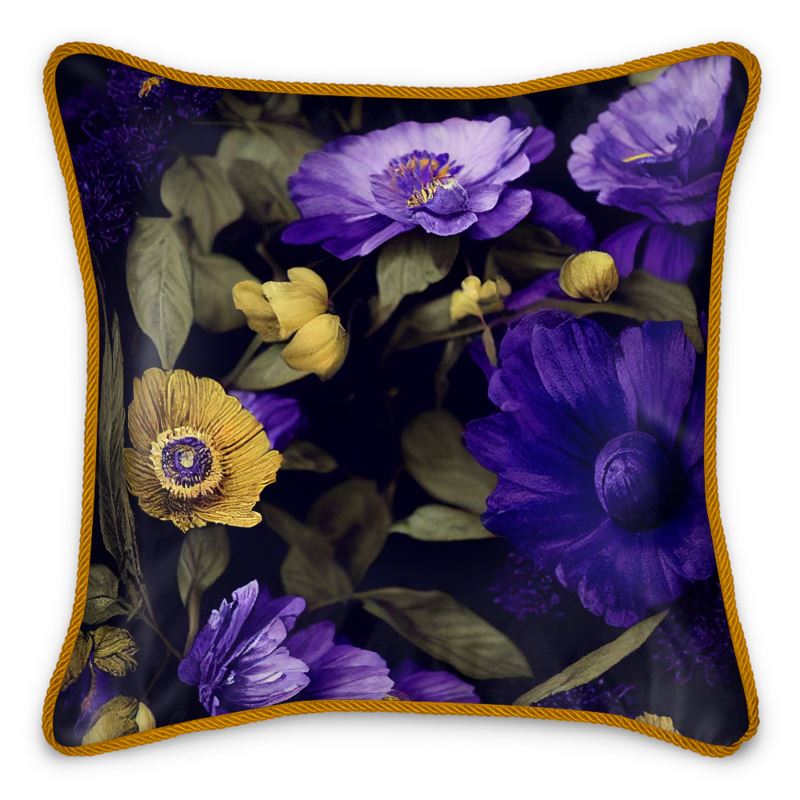 Night Garden Purple and Gold Blooms Silk Cushions