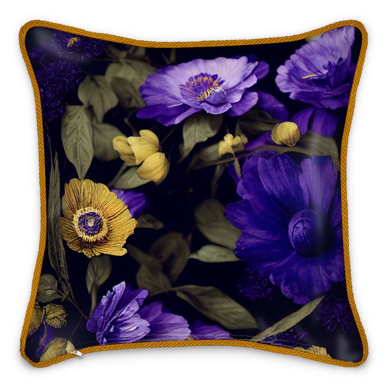 Night Garden Purple and Gold Blooms Silk Cushions