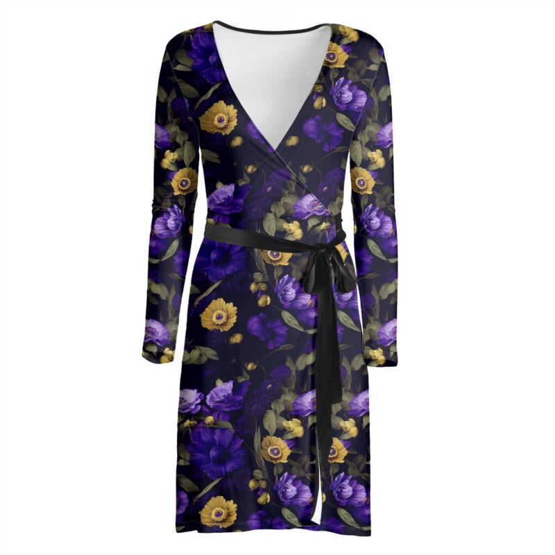 Night Garden Purple and Gold Blooms Wrap Dress