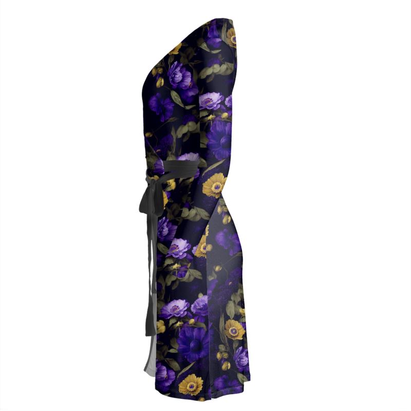 Night Garden Purple and Gold Blooms Wrap Dress