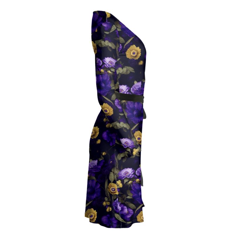 Night Garden Purple and Gold Blooms Wrap Dress