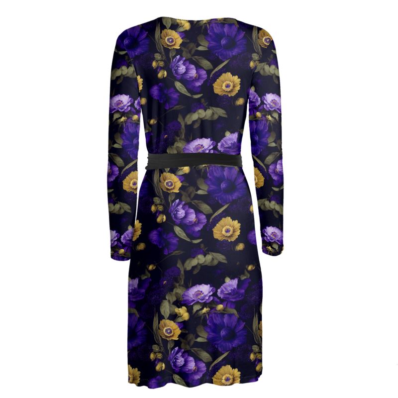 Night Garden Purple and Gold Blooms Wrap Dress