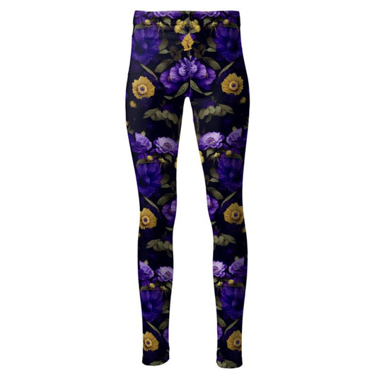 Night Garden Purple and Gold Blooms High Waisted Leggings