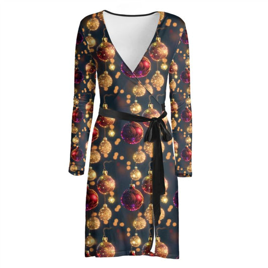 Red and Gold Christmas Baubles Wrap Dress