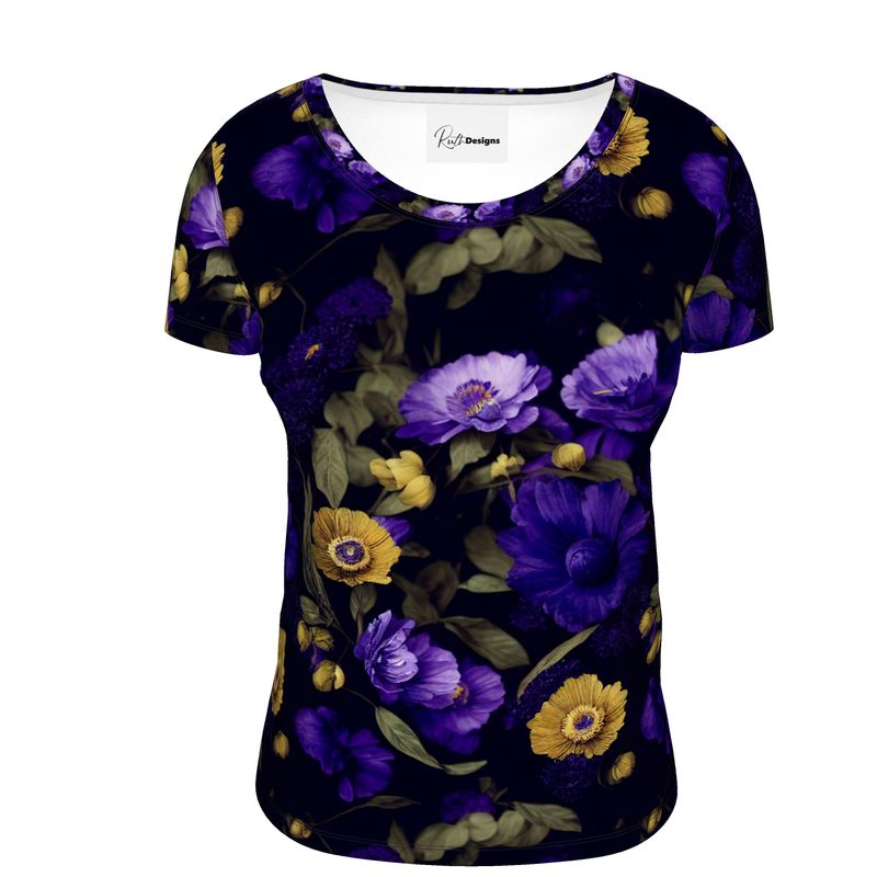 Night Garden Purple and Gold Blooms Ladies Scoop Neck Shirt