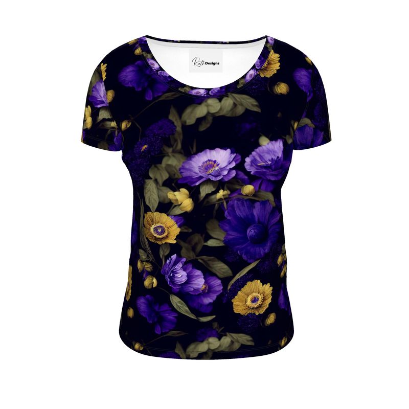 Night Garden Purple and Gold Blooms Ladies Scoop Neck Shirt