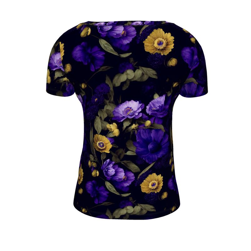 Night Garden Purple and Gold Blooms Ladies Scoop Neck Shirt