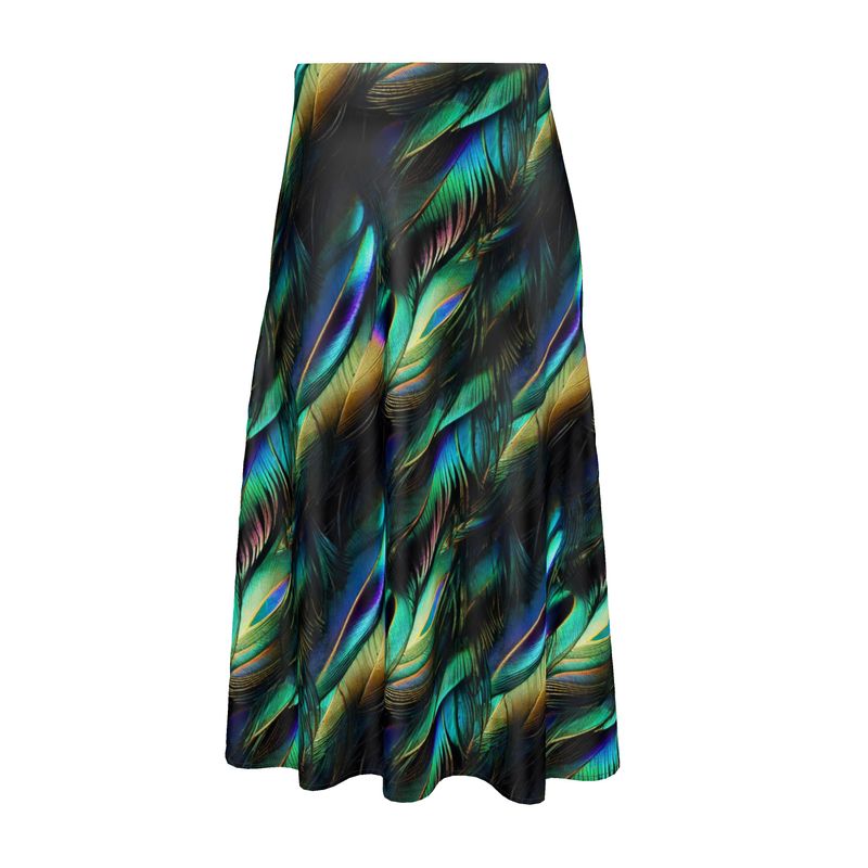 Iridescent Peacock Feathers Midi Skirt